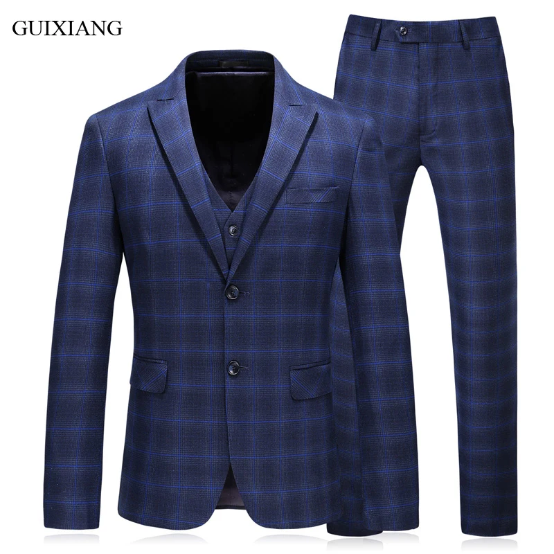 

2018 New Arrival Style Men Boutique Casual Suit Blazer High-quality Single Breasted Slim Grid Men's Three-Piece Suit Dress S-5XL