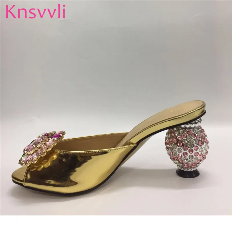 

Colourful Crystal Flowers Slippers Woman High Heels Patent Leather Slides Rhinestone Jewelled Ball Heel Shoes Women Luxurious