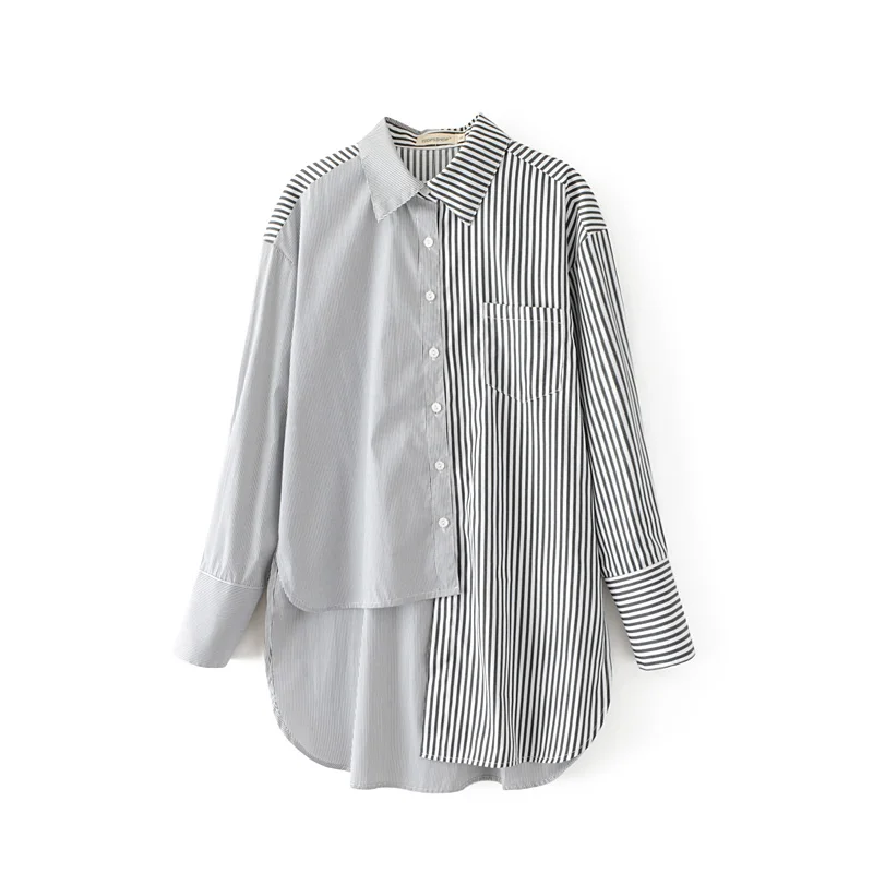 Женская Асимметричная Лоскутная Высокая Низкая полосатая блузка рубашка с