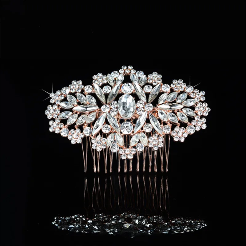 Romantic Full Rhinestone Petals Bride Hair Comb Rose Gold Pin Sticks Headpiece Wedding Accessories Jewelry MY788 | Украшения и