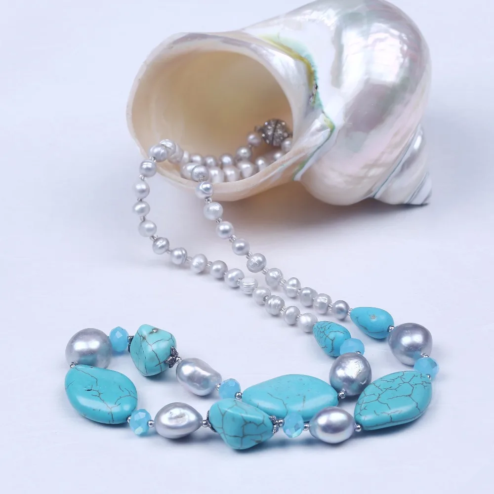 New Arrived Natural Blue Stone Baroque Shape Freshwater Pearl Long Jewelry With Rhinestone Clasp Bead Strand Necklace | Украшения и