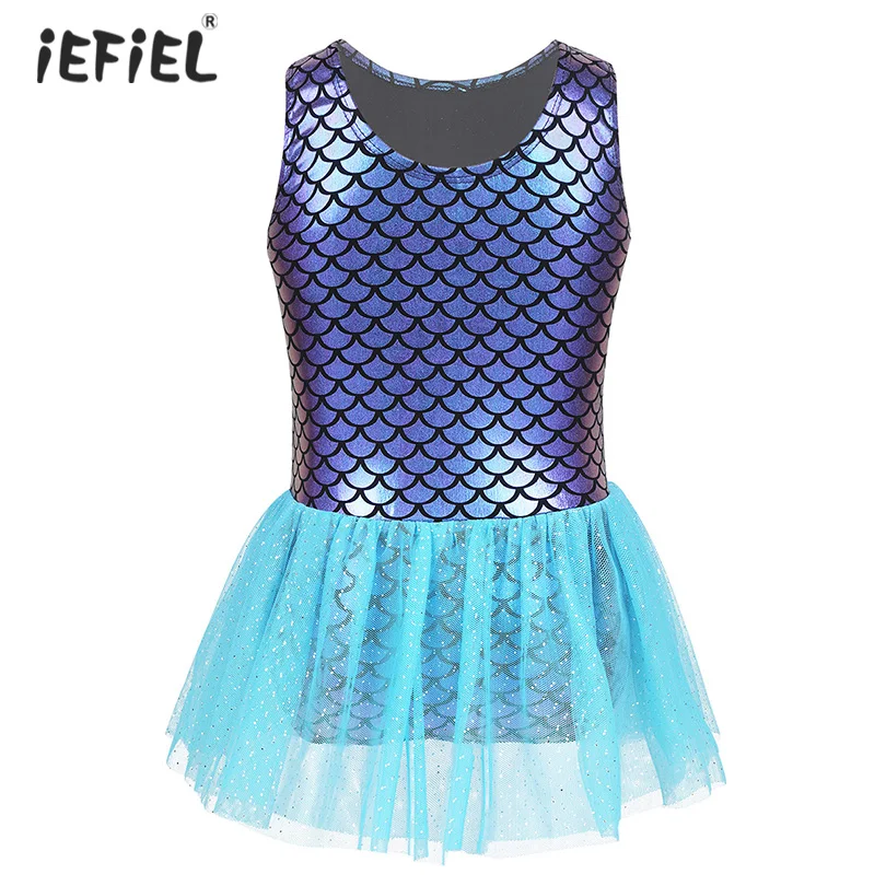 

Adorable Toddlers Baby Girls Sleeveless Mermaid Dress Party Dancewear Mermaid Fish Scales Printed Glitters Leotard Tulle Dress