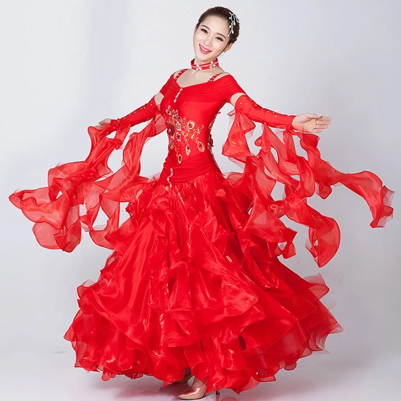 

custom woman big swing pink/red sequins Standard ballroom Dance Dress for waltz/tango/foxtrot performance competition/practice