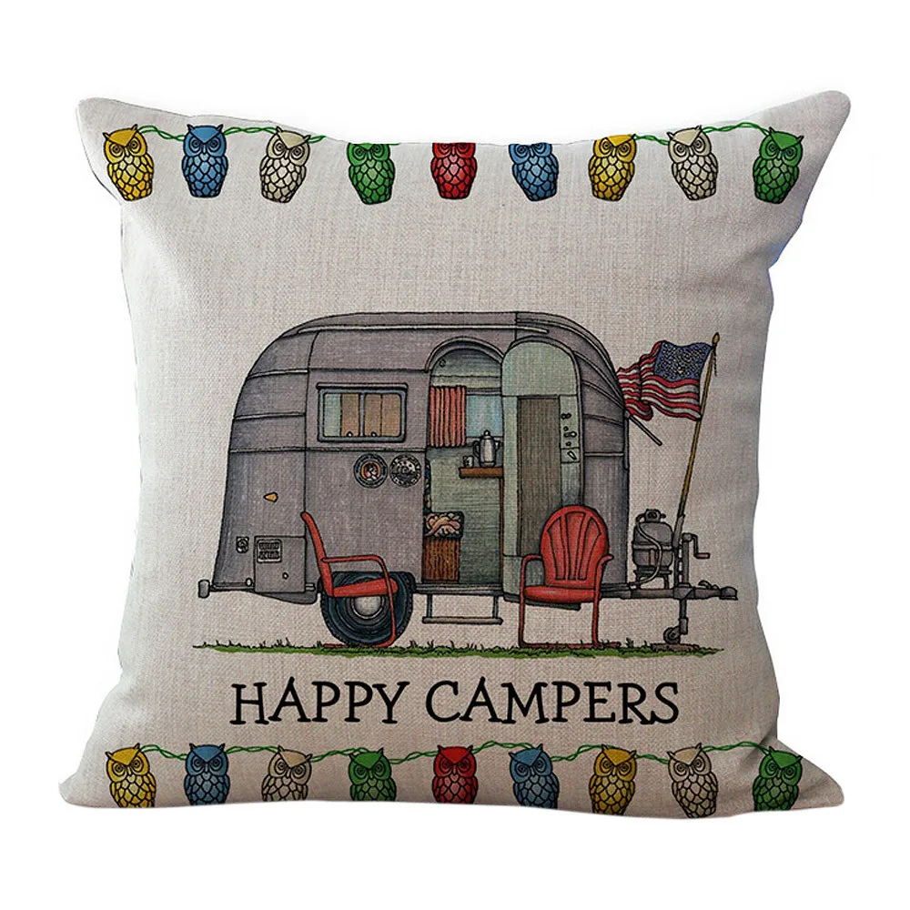 Gajjar Linen Cushion Cover Happy Campers Throw Pillow Case Letter Car For Sofa Bedroom Home Decoration 45cm*45cm402 | Дом и сад