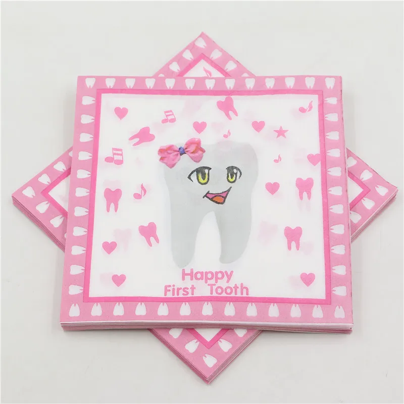 Розовый счастливый Первый зуб напечатаны Бумага салфетка для видов партии