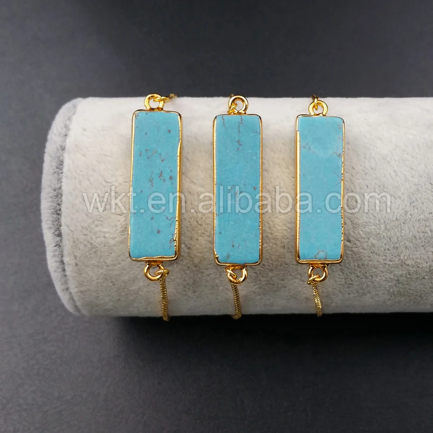 

WT-B344 Wholesale natural green stone bracelet Unique rectangle stone bracelet with gold color 10*30mm