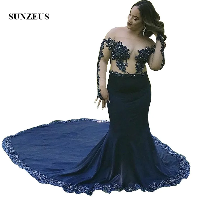 

Off Shoulder Long Sleeves Prom Gowns Mermaid Navy Blue Long Train Party Dress Mermaid Appliques Bodice Women gala dress