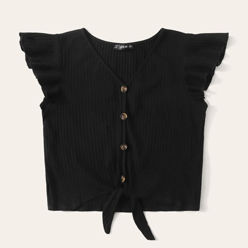 SHEIN Модная трикотажная Футболка с рукавами-крылышками и пуговицами, женская футболка, шикарные летние топы с v-образным вырезом и коротким рукавом