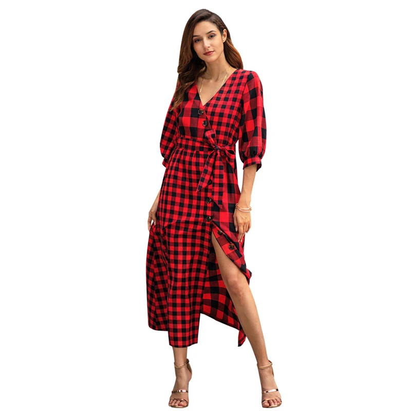 

Jelics women fashion vintage plaid dress three quarter sleeve sexy v-neck ladies spring summer maxi mid calf vestidos