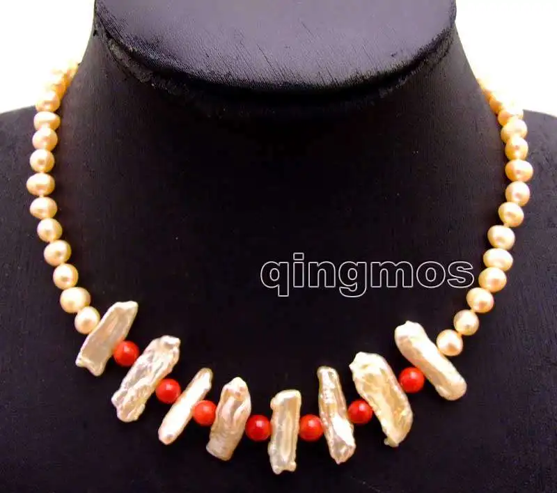 

6-7mm Pink round Natural pearl and 15-25mm Biwa Pearl & 6-7mm Red Coral 17'' Necklace-nec6168 Wholesale/retail Free shipping