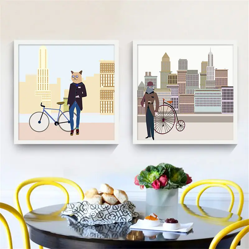 Реалистичные различные животные-человек джентльмен с велосипедом Холст Картина