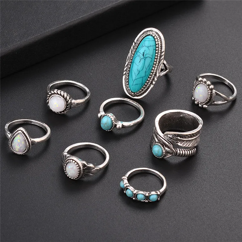 Fashion Bohemia Midi Rings Sets For Women Retro Antique Silver Color Opals Turquoises Knuckle Ring Bagues Femme | Украшения и