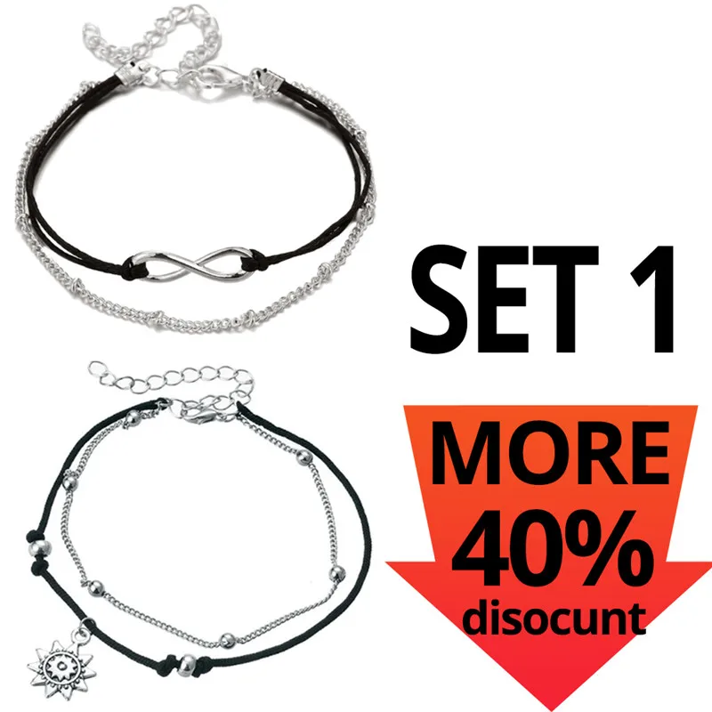 Cheap SET 1 17 км Boho бесконечные Бусы ножные браслеты для женщин Мода Защита от Солнца Кулон многослойный ножной браслет хлопок ручной работы цепочка для ног Ювелирные изделия - Окраска металла: Cheap SET 1