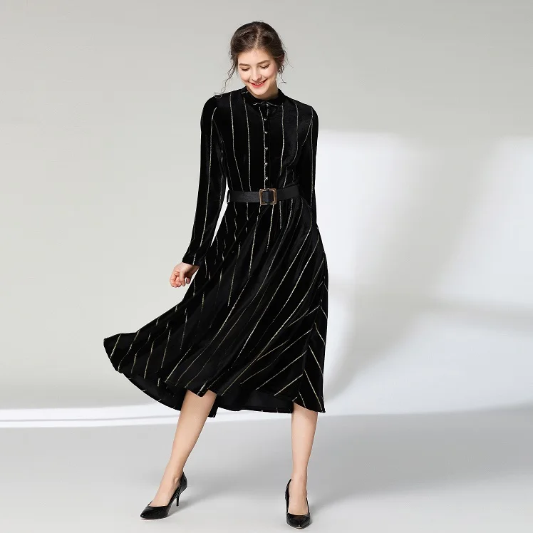 Shiny Gold Thread Striped Velvet Dress 2019 Winter Women Long Sleeve Thick Warm Female Vintage Velour Sashes | Женская одежда