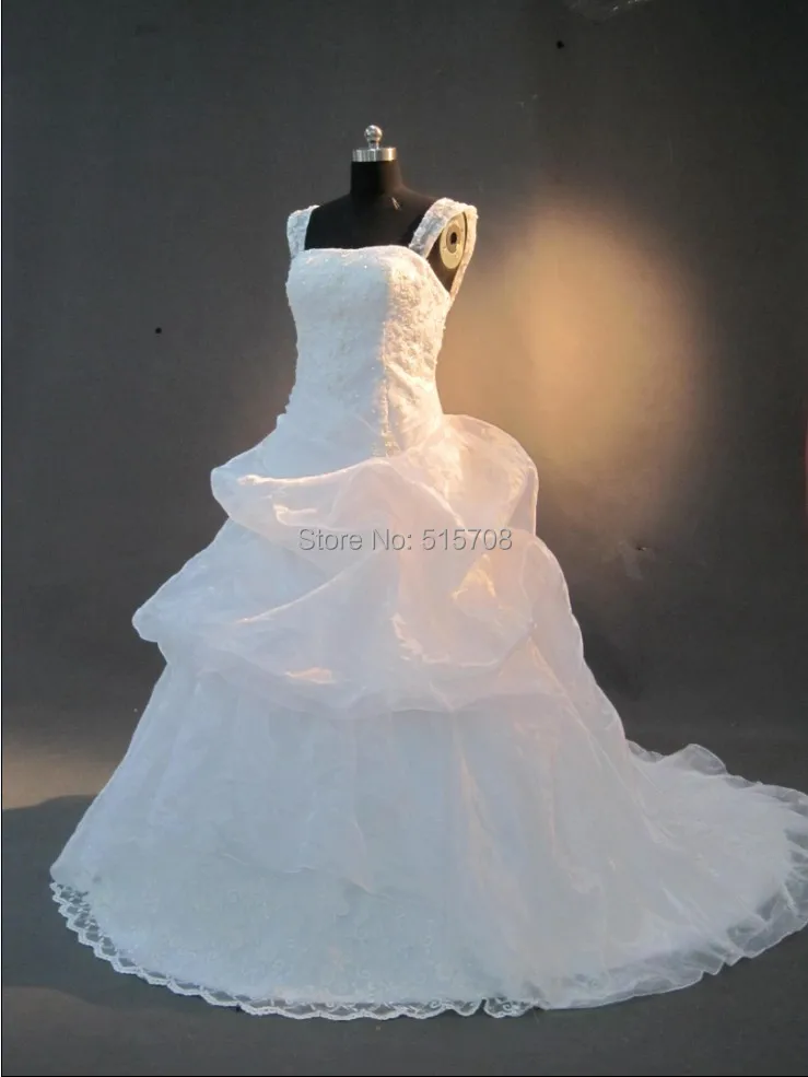 

Real Photo Wedding Dresses STrapless With Straps Lace Up Applique Organza Court Train A Line Church Garden Bridal Dress