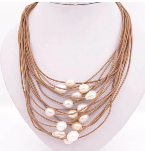 

15 ROWS Natural White pink purple Teardrop Pearl Pendant Necklace 18" Jewelry Black brown Leather Choose