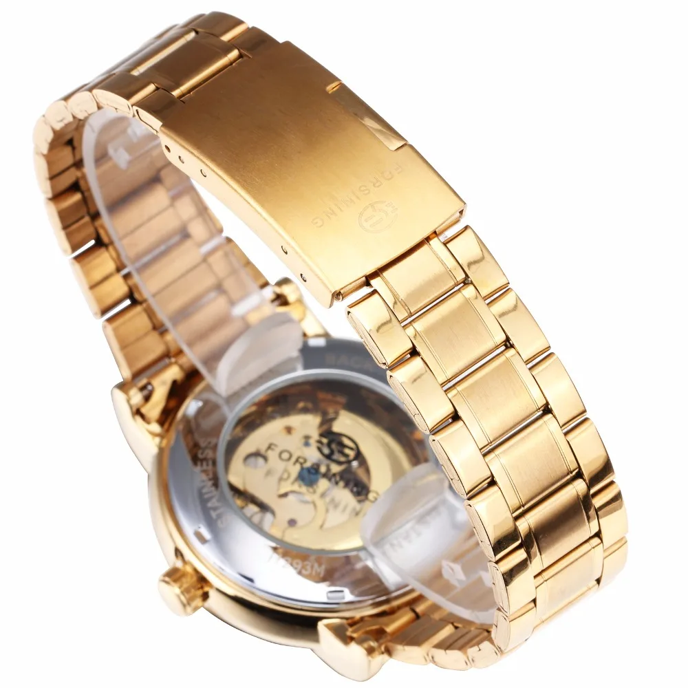 FORSINING королевские Золотые механические часы для мужчин ремешок из нержавеющей