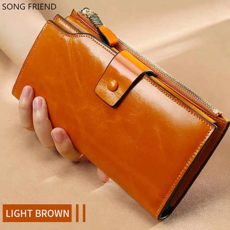 brown SONG FRIEND тип RFID Противоугонная щетка верхний слой натуральная кожа кошелек женский масло воск кожа большой емкости рукоять Wal - Цвет: brown