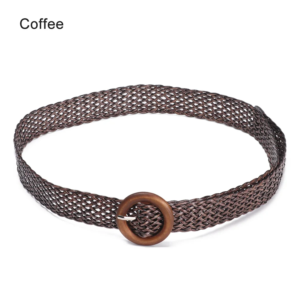 Coffee Круглый Деревянный ремень с пряжкой для платья для женщин, Повседневный Женский Плетеный широкий ремень, женские дизайнерские тканые эластичные полипропиленовые соломенные ремни для девочек - Цвет: Coffee