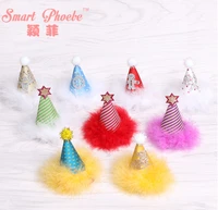 10pcs fashion cute glitter star party hat hairpins pom pom fur cap hair clips xmas new year princess headwear hair accessories