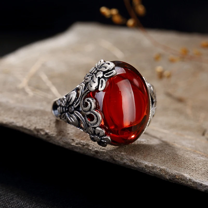 Vintage Rings Fashion Elegant Butterfly Plum Blossom Carnelian Garnet Corundum Open Ring 925 Sterling Silver Women Jewelry | Украшения и