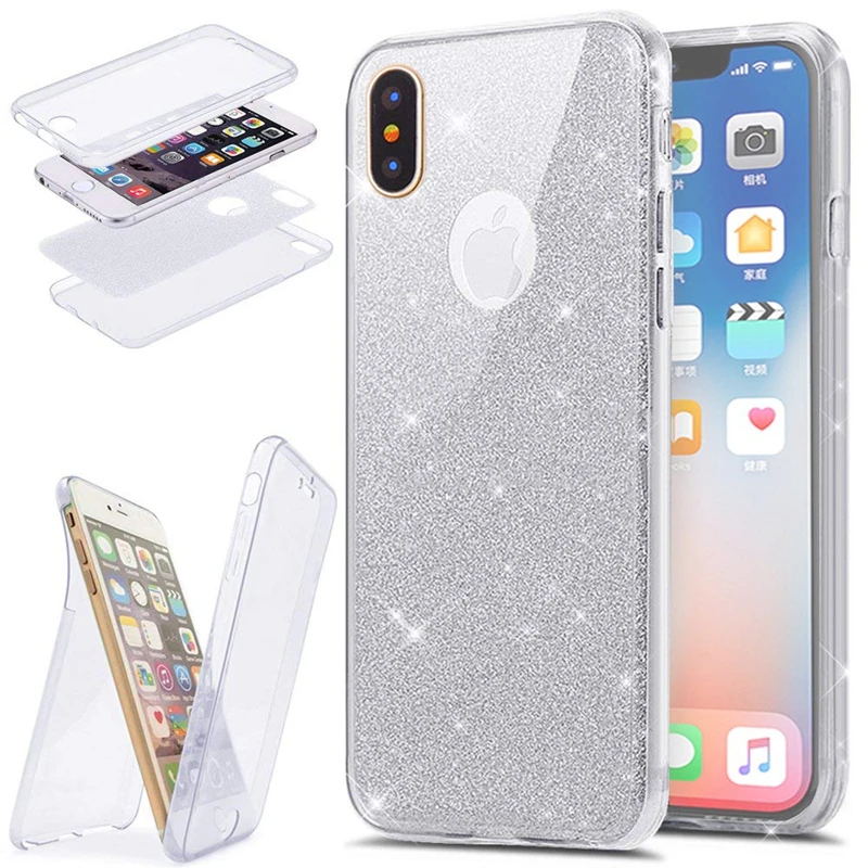 2 in 1 360 Full-Body Protection Glitter Slim TPU Case for Coque iPhone 7 8 Plus 6 6S X 10 Funda Double Face Protector Cover |