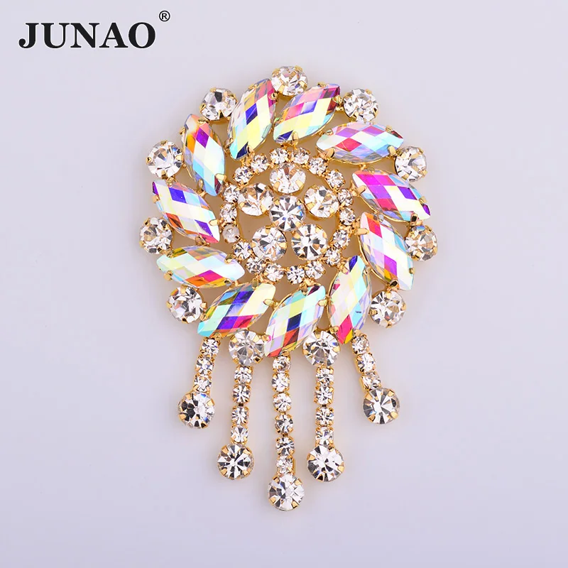 

JUNAO 50*75mm Sew On Crystal AB Glass Rhinestone Fringe Flowers Applique Gold Claw Strass Flatback Crystal Stones for Shoe Dress