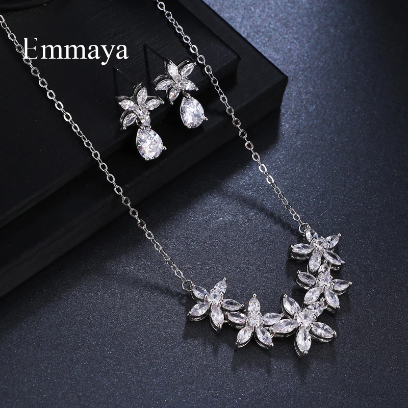 Emmaya Brand Fashion Flower Cubic Zircon Water Drop Pendant Crystal Earrings Necklace Set For Women Elegance Bride Jewelry Gift | Украшения