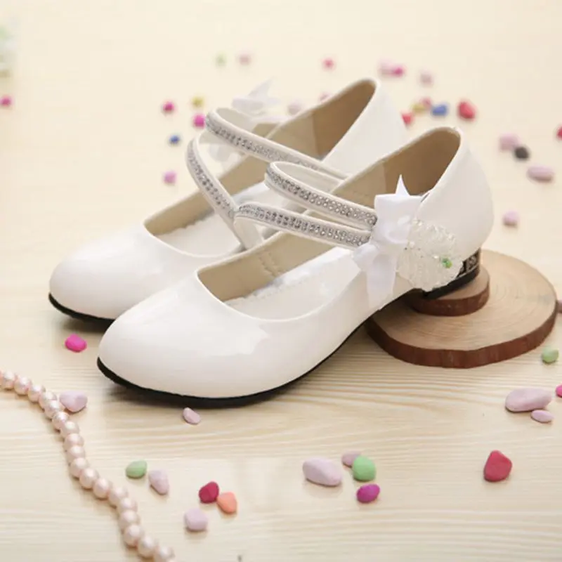 Детская обувь со стразами Белые и черные кожаные туфли для девочек Zapatos Ninas