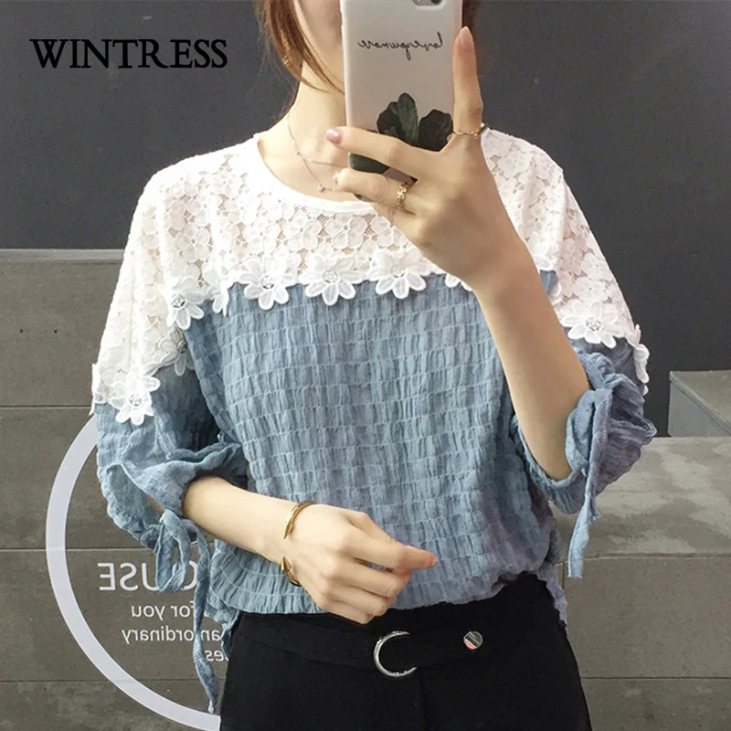 WINTRESS Новое Прибытие Лоскутная Женщины Блузка О-Образным Вырезом Кружева Цветы