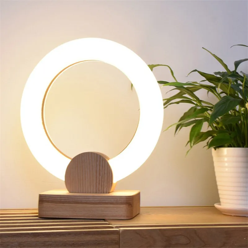

Акриловая круглая Светодиодная настольная лампа, современный креативный светильник из дерева для теплой спальни, кабинета, детской комнат...