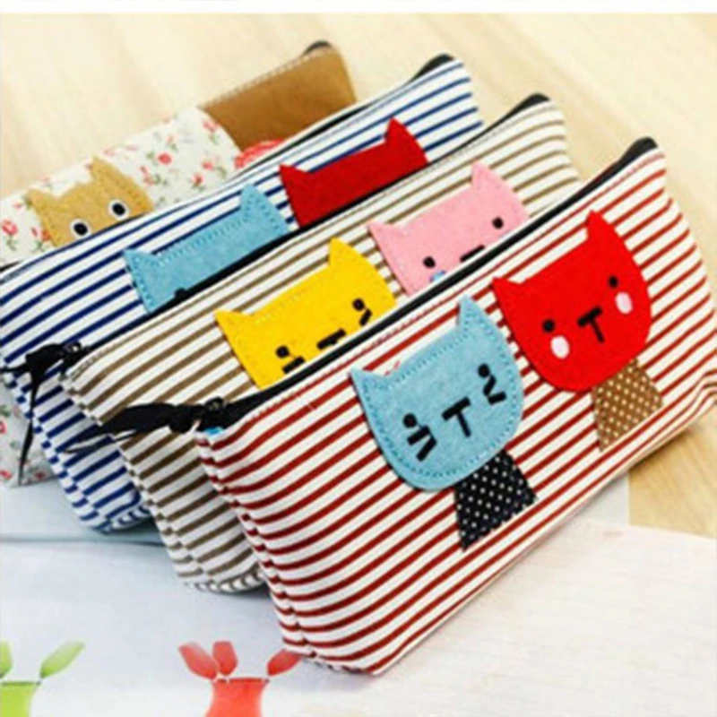 1 шт. парусиновый пенал с милым котом чехол Полосатый для карандашей сумка
