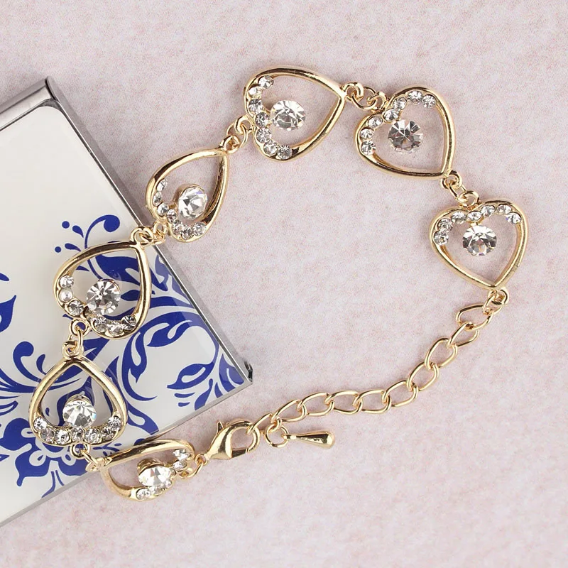 Free shipping New Women/Lady's fashion Yellow Gold Color Heart Clear Austrian Crystal Bracelets &amp Bangles Jewelry Wholesale |