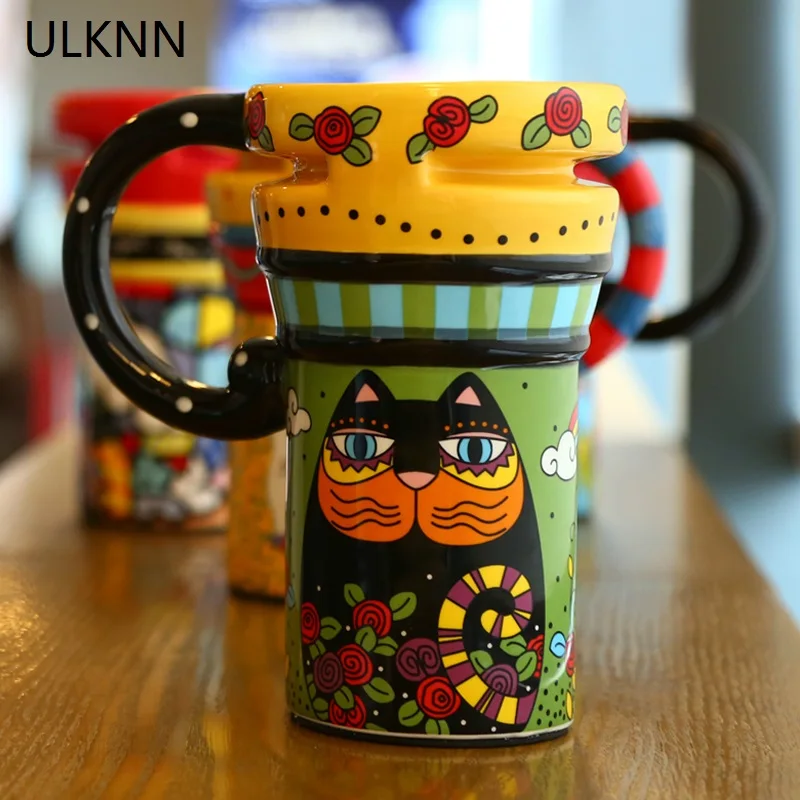 ULKNN Creative Fashion Painted Ceramic Mug With Lid Spoon Milk Coffee Tea Cup Couples Lover Nice Gifts Mass Capacity Drinkw | Дом и сад
