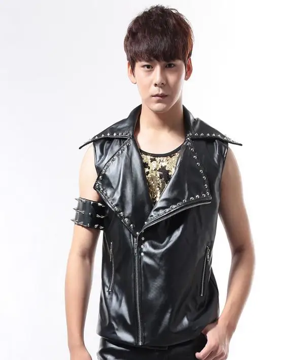 Hot sell ! Black red singer slim rock rack drum clothes male costume rivets leather vest men chaleco hombre colete masculino