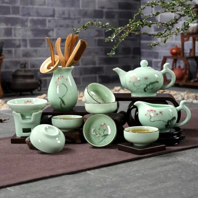 Набор чайных чашек Longquan celadon, ручная роспись, набор чайных чашек кунг-фу, рыба, цветок лотоса, чайный набор, керамика, китайский стиль, домашний чайный набор - Цвет: 04 Sets