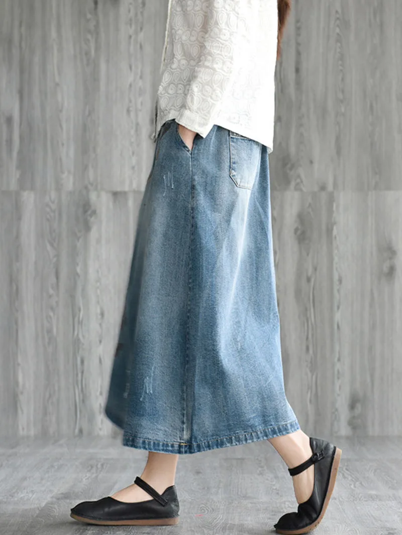 Новая литературная длинная хлопковая Модная Джинсовая юбка с вышивкой в виде