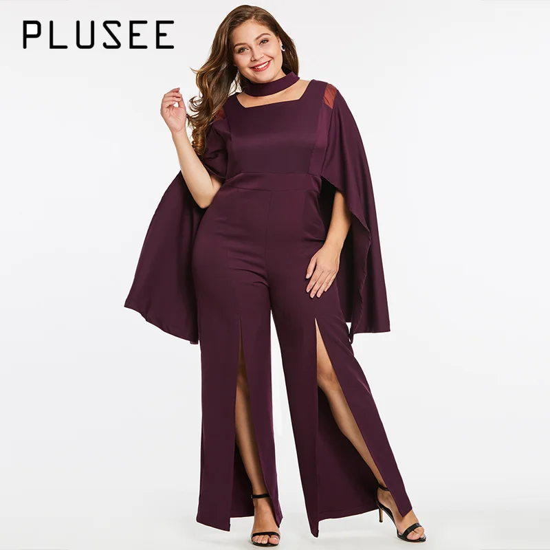 Plusee/Модный комбинезон накидка с рукавами крылышками сплит комбинезоны вырезом