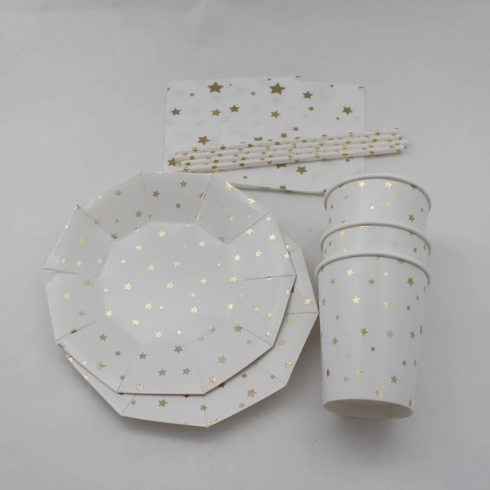 61pcs Gold Silver Star Disposable Paper Tabelware Wedding Plates Cups Napkins Straws Birthday Party Supplies | Дом и сад