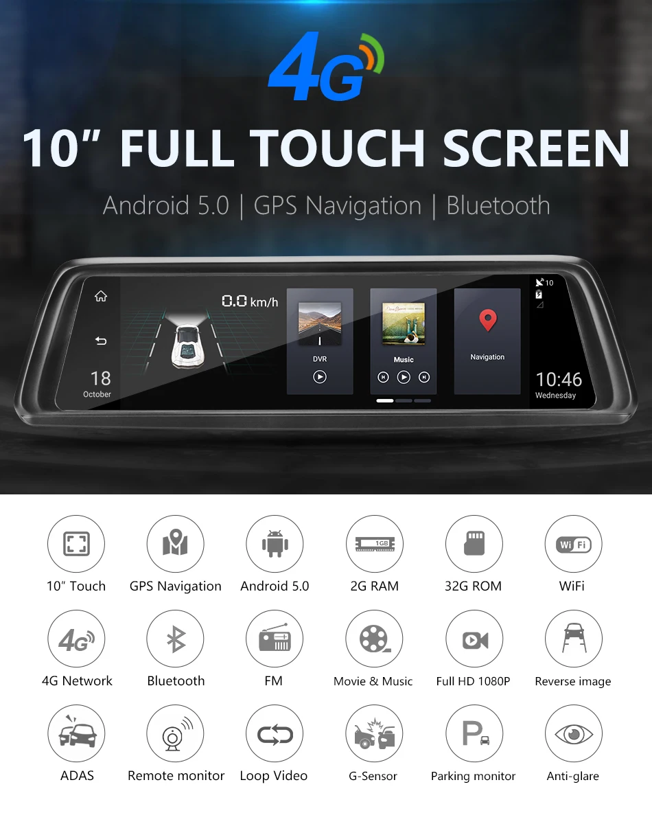 Jansite 10 дюймов FHD ips сенсорный экран 4G Автомобильный видеорегистратор Android5.1 автомобильное зеркало gps навигация Bluetooth ADAS обратное изображение двойная SD карта