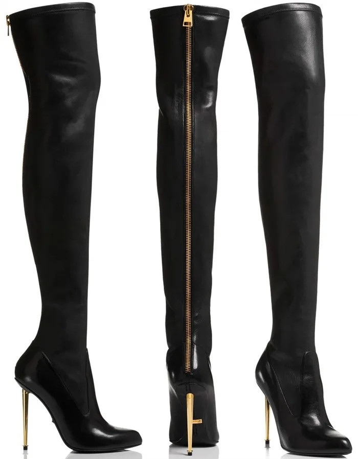 Koop Stretch Mode Lederen Metalen Stiletto Over De Knie Boot Hoge Hak Sexy Gold Rits Lange Laarzen Dij Hoge Winter Laarzen