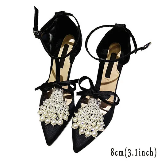 Scarpin/черные свадебные туфли из тонкого атласа с Т-образным ремешком; большие размеры; свадебные туфли с бусинами на высоком каблуке 8 см; туфли-лодочки с острым носком, украшенные стразами и жемчугом - Цвет: Black 8cm