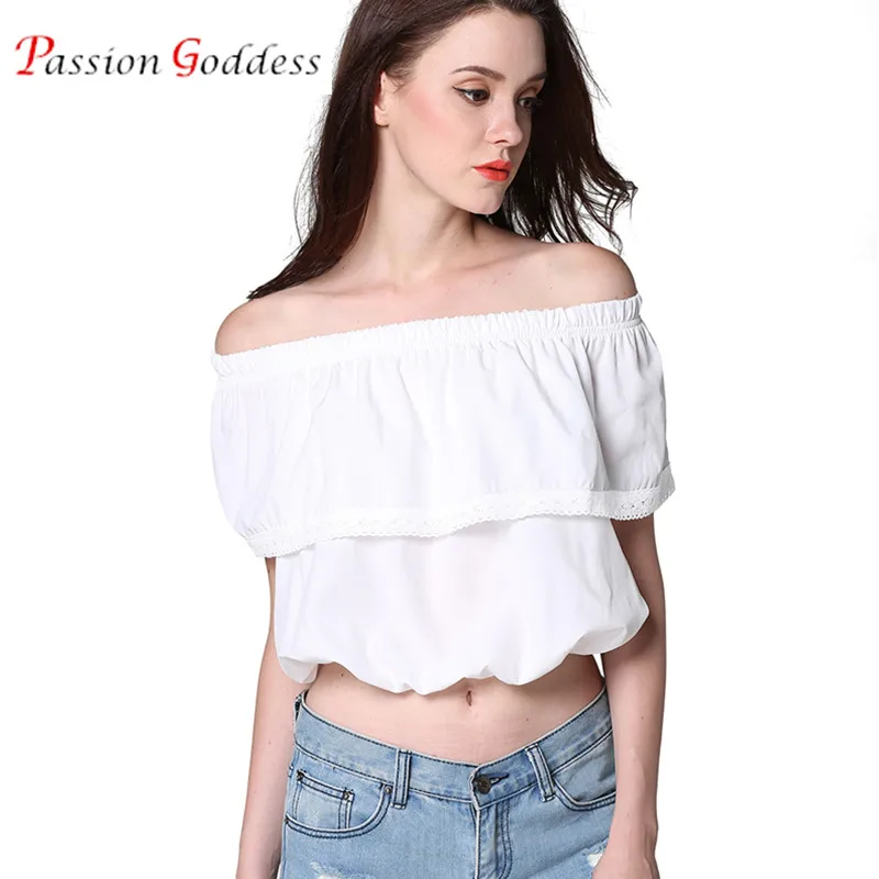 Женская шифоновая блузка с открытыми плечами короткая белая кружевная и