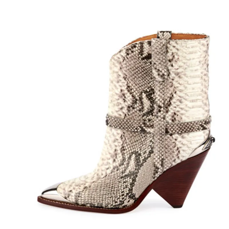 snake pattern Сапоги до середины икры со змеиным узором для подиума женские ковбойские сапоги на высоком каблуке-шпильке с металлическим острым носком и заклепками в стиле панк - Цвет: snake pattern