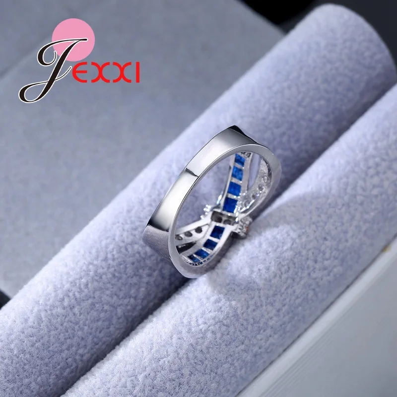 Linked Together Style Blue Clear Crystal Rings For Women Lady Stamped 925 Sterling Silver Ring Jewelry Wedding Bands | Украшения и