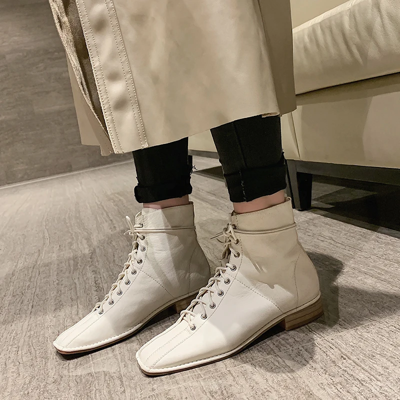 Женские ботинки из коровьей кожи ISNOM ботильоны на шнуровке с квадратным носком