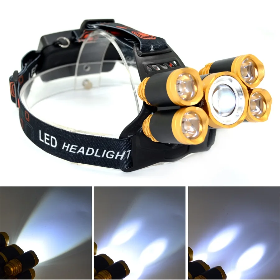 T6+XPE LED Headlight 16000lm Zoomable Head Lamp 5leds Headlamp Light Tube Torch Flashlight+Car Charger+18650 Batteries | Лампы и