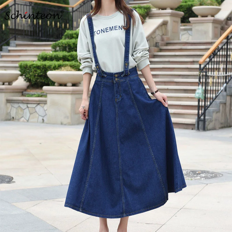 

Новая джинсовая юбка на подтяжках Schinteon, длинная джинсовая юбка в стиле преппи, высококачественные комбинезоны со съемными лямками