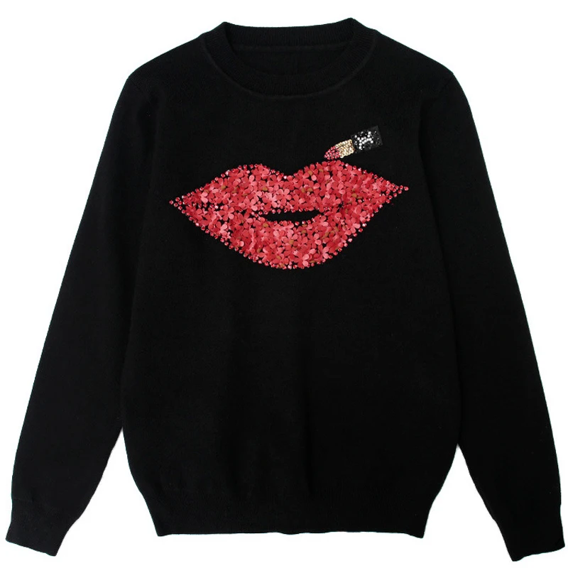 Harajuku 2018 Women Sweater Autumn Winter Brand Designer Hand Made Diamonds Red Lips Sequined Tops Female Lipstick Knit | Женская одежда