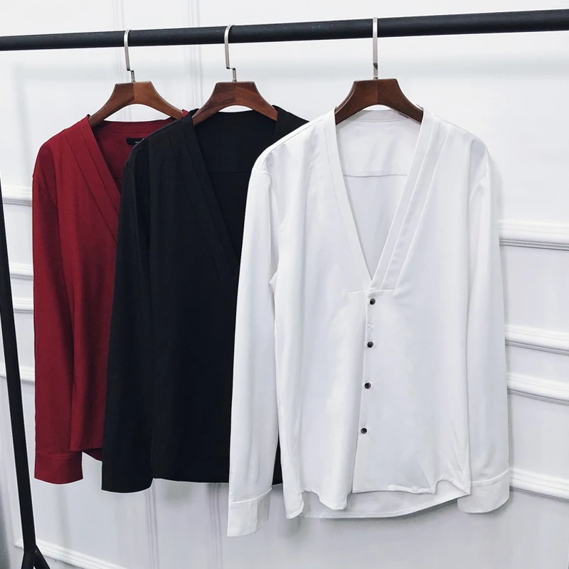 рубашка мужская осень новый платье V образный вырез Slim Fit с длинным